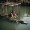 a_woman_cramped_in_a_very_narrow_cage_inside_a_lake_a_crocodile_in_the_lake_988230199.png